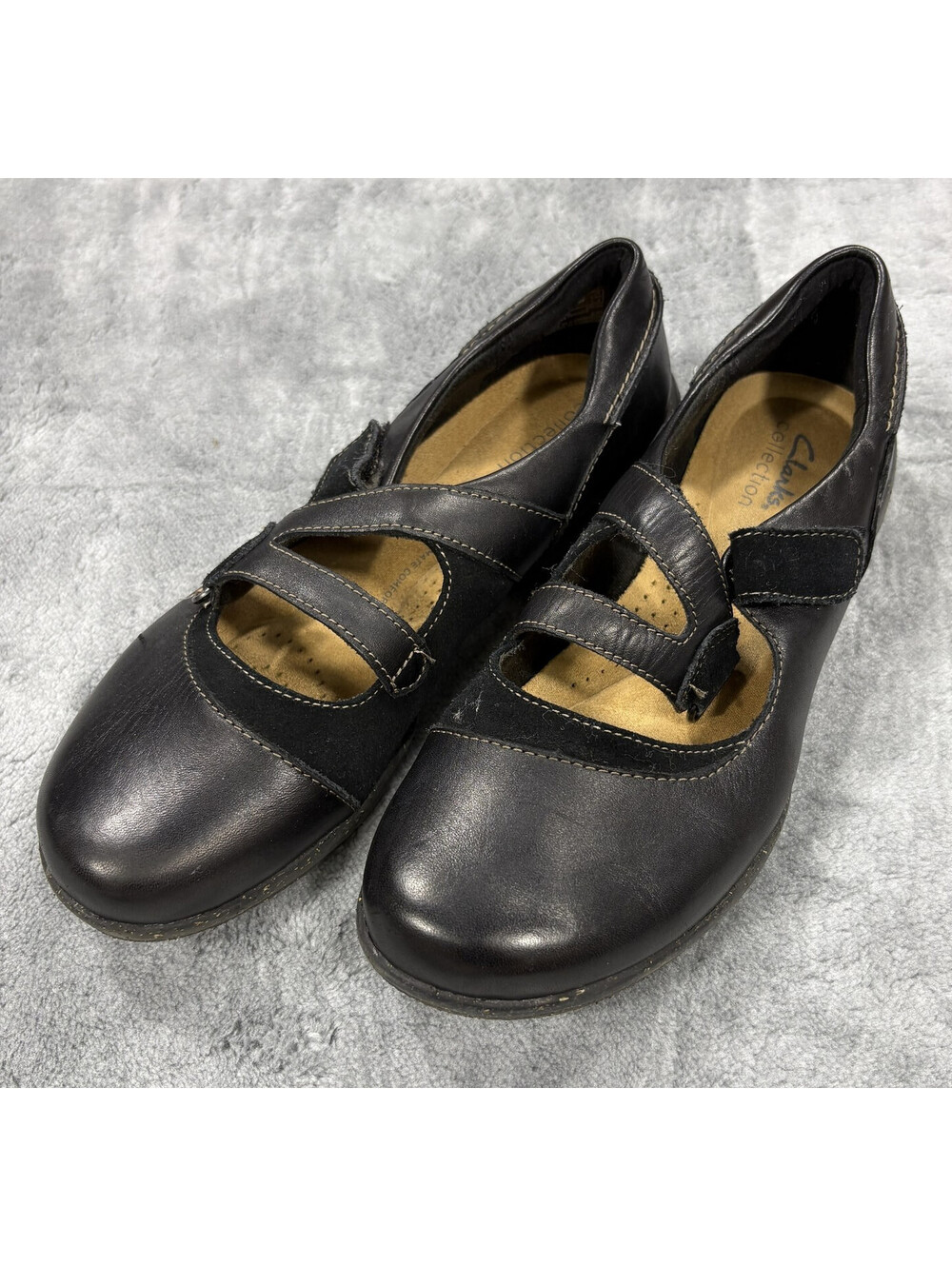 Clarks Collection Womens 8 M Black Leather Mary Jane Flats Hook Loop Comfort